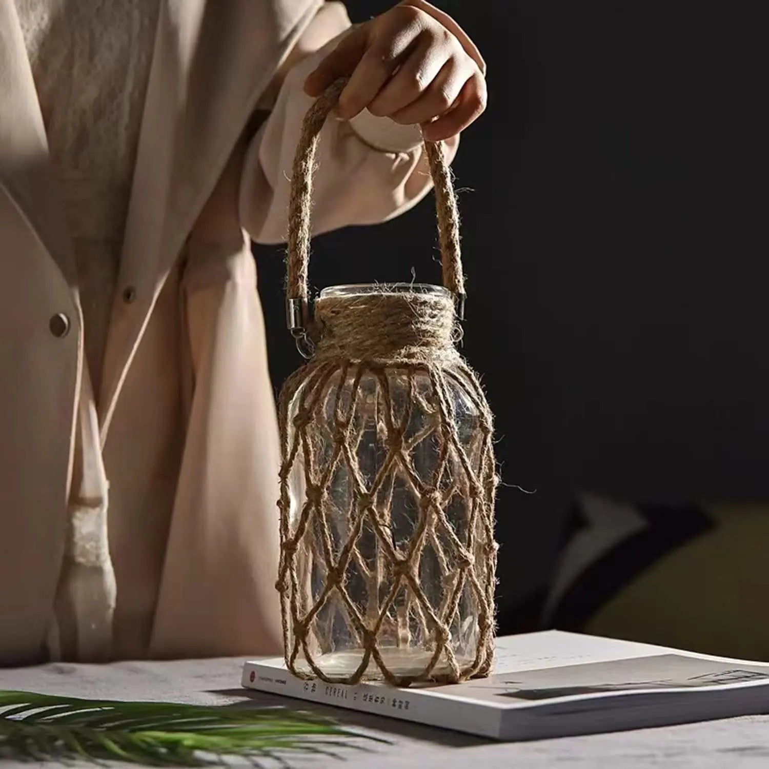 Handwoven Hemp Rope Glass Vase – Boho Nordic Decorative Vase for Dried Flowers, Living Room & Bedroom